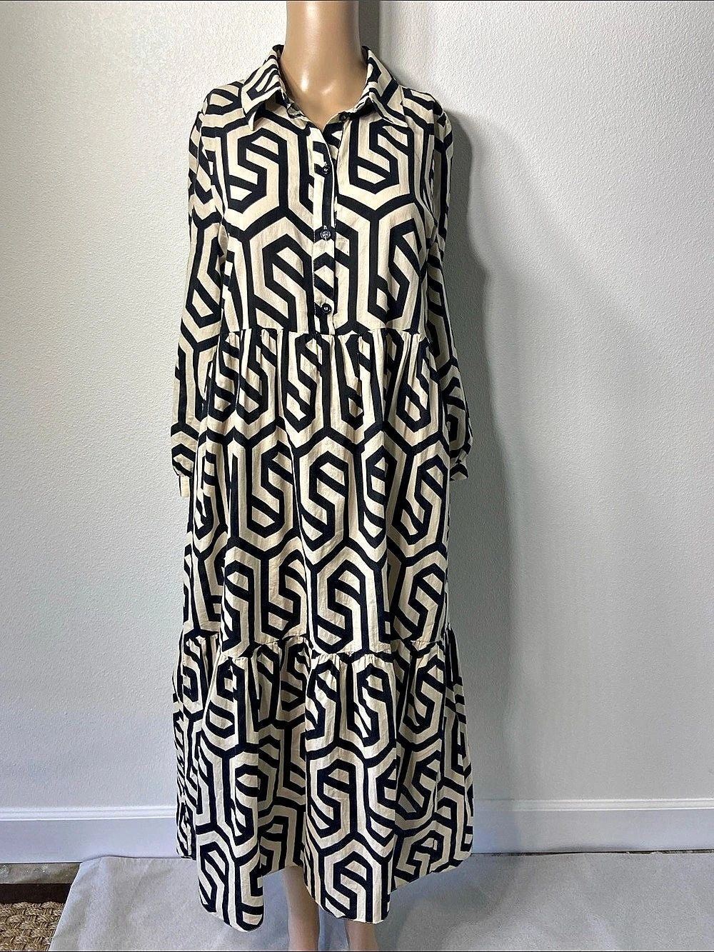 Zara Geometric lightweight Maxi Dress in Black & Cream Size Medium
